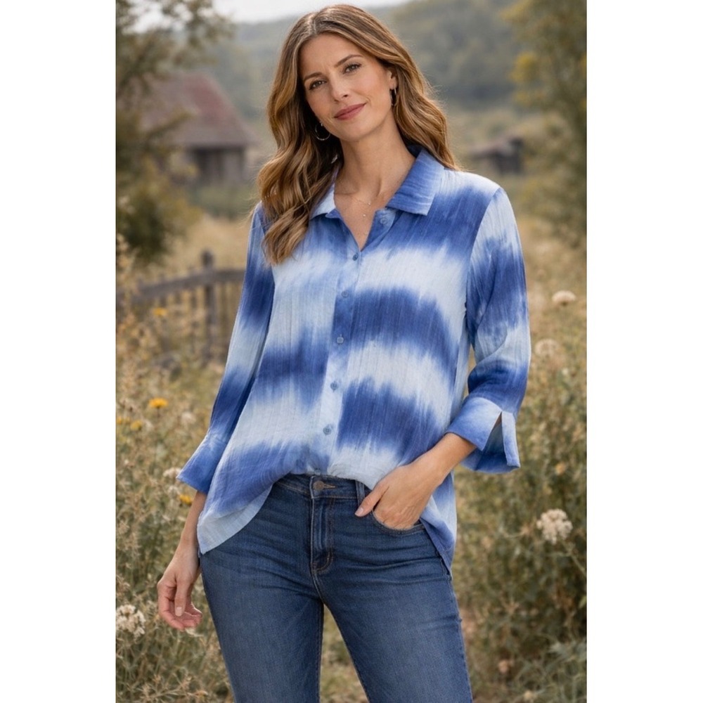 Ali Miles Blue White Tie Dye Crinkle Button Down Blouse 3/4 Sleeve Womens 1X
